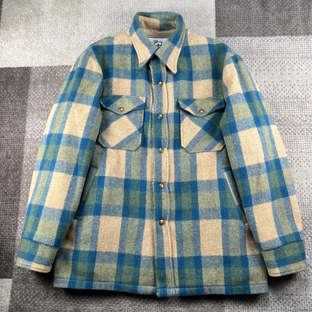 Vintage Woolrich Plaid Sherpa Lined Wool Blend Jacket Blue Tan Mens Large 70s